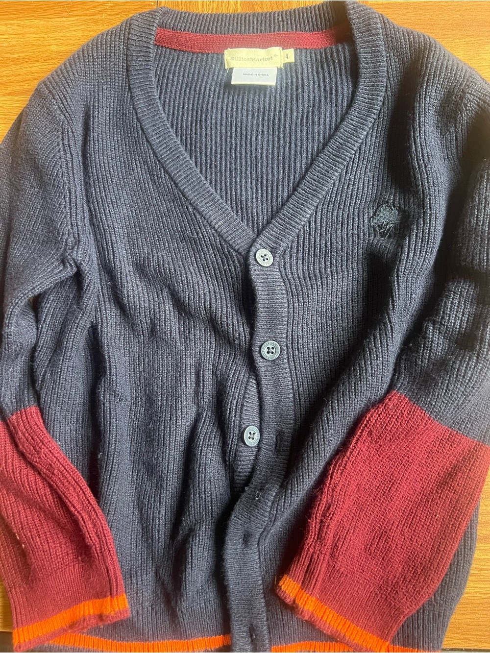 Boys Navy V-Neck Button Cardigan with Burgundy Sleeve Accents - Kids Sweater